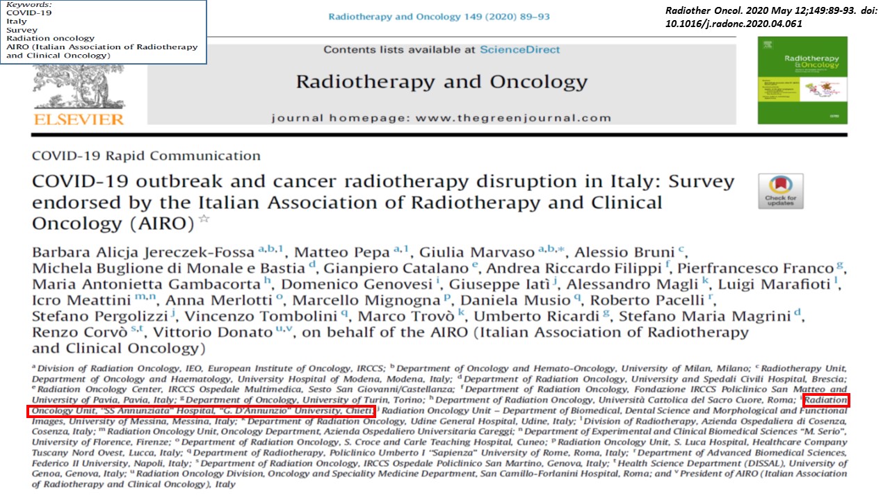 La Radioterapia oncologica di Chieti selezionata tra i Centri della Società italiana di Radioterapia e Oncologia clinica (Airo) per le raccomandazioni nell’emergenza Covid-19
