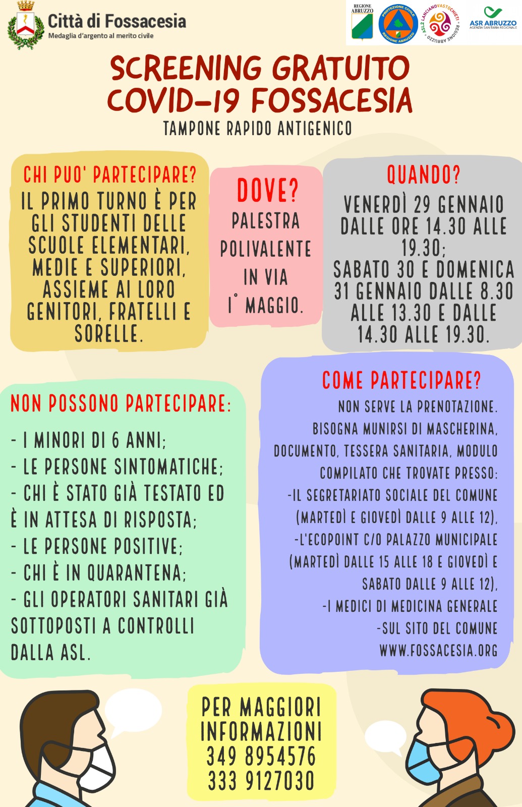 Coronavirus, screening con tampone antigenico rapido a Fossacesia, Francavilla al Mare, Lanciano, Ortona e San Giovanni Teatino (sabato 30 e domenica 31 gennaio 2021)