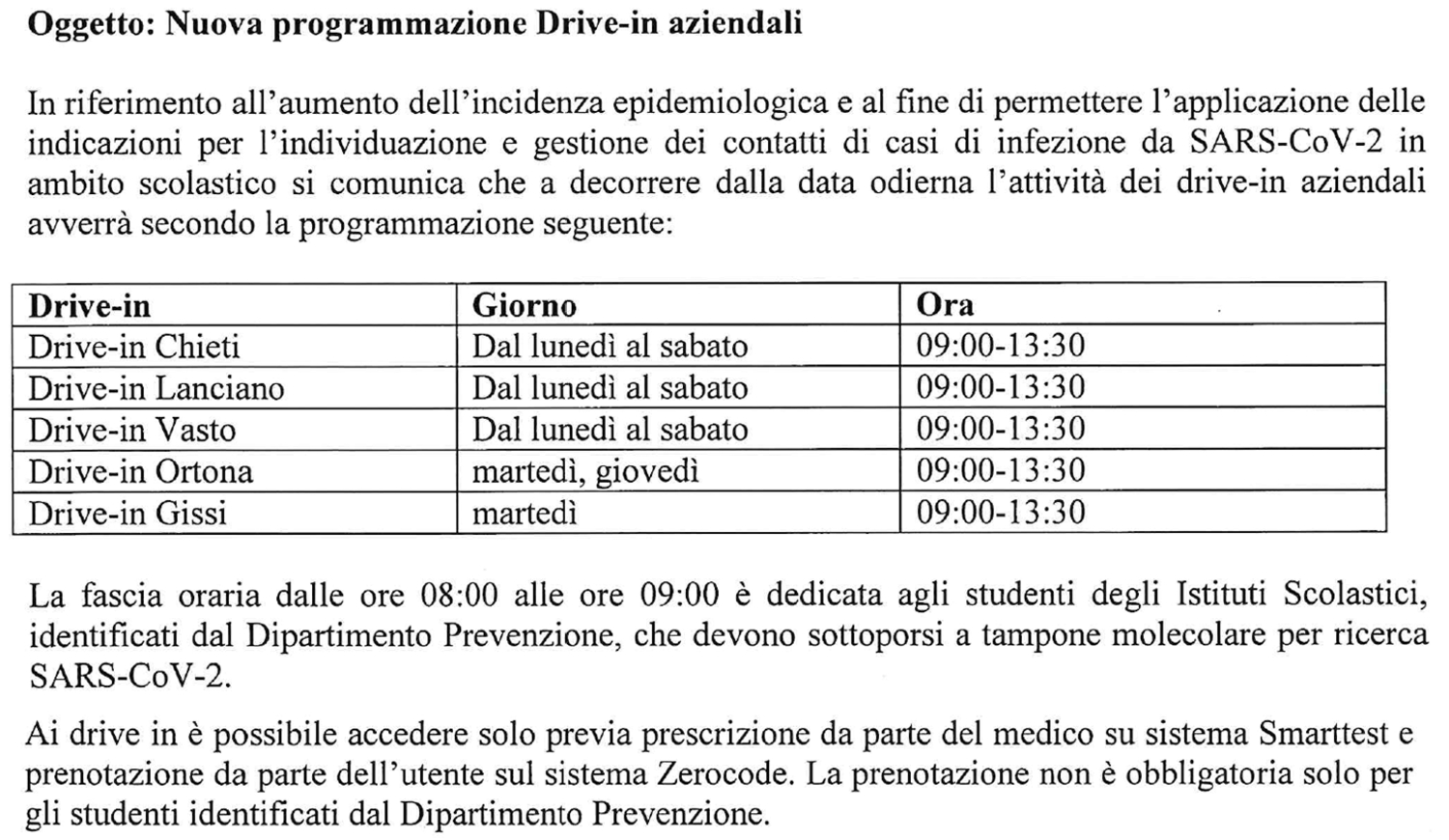 Covid-19, estesa l’apertura dei drive-in. Positivi in crescita nelle scuole della provincia di Chieti