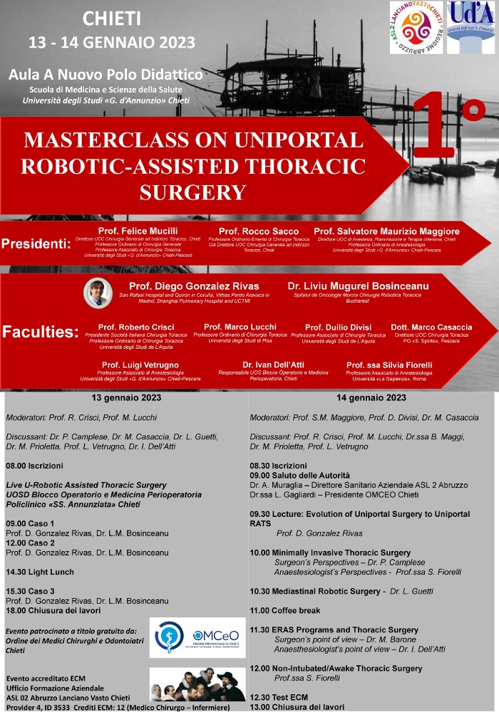 Masterclass on uniportal robotic-assisted thoracic surgery – Chieti, 13-14 gennaio 2023