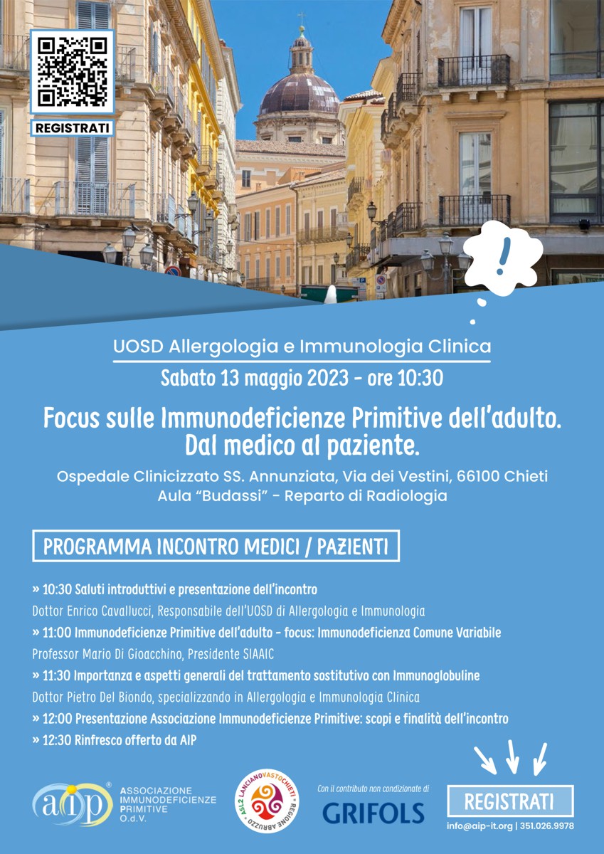 Focus sulle immunodeficienze primitive dell’adulto. Dal medico al paziente – Chieti, 13 maggio 2023