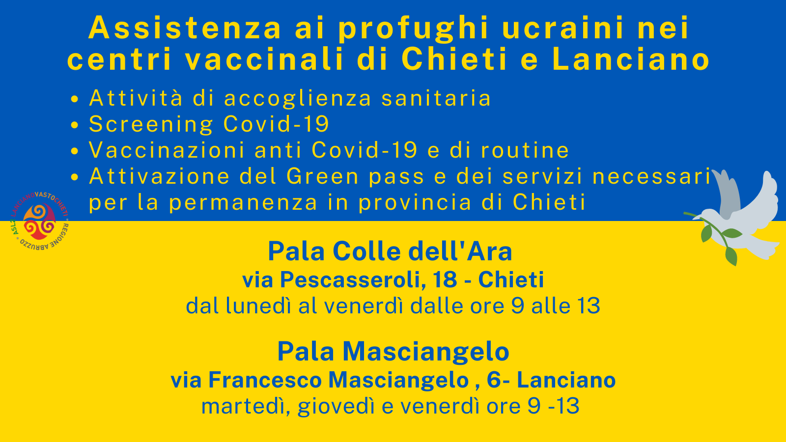 Assistenza sanitaria ai profughi ucraini, accoglienza nei centri vaccinali di Chieti e Lanciano