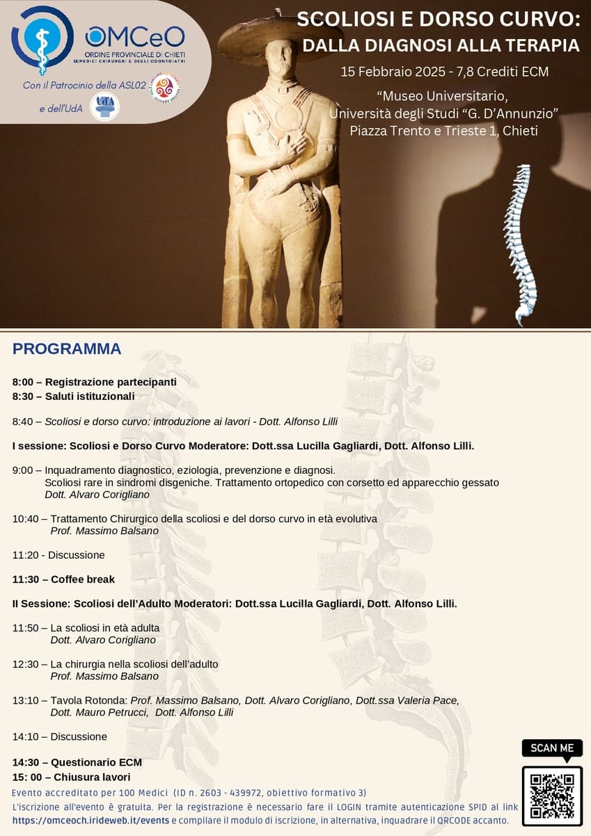 Scoliosi e dorso curvo, dalla diagnosi alla terapia – Chieti, 15 febbraio 2025