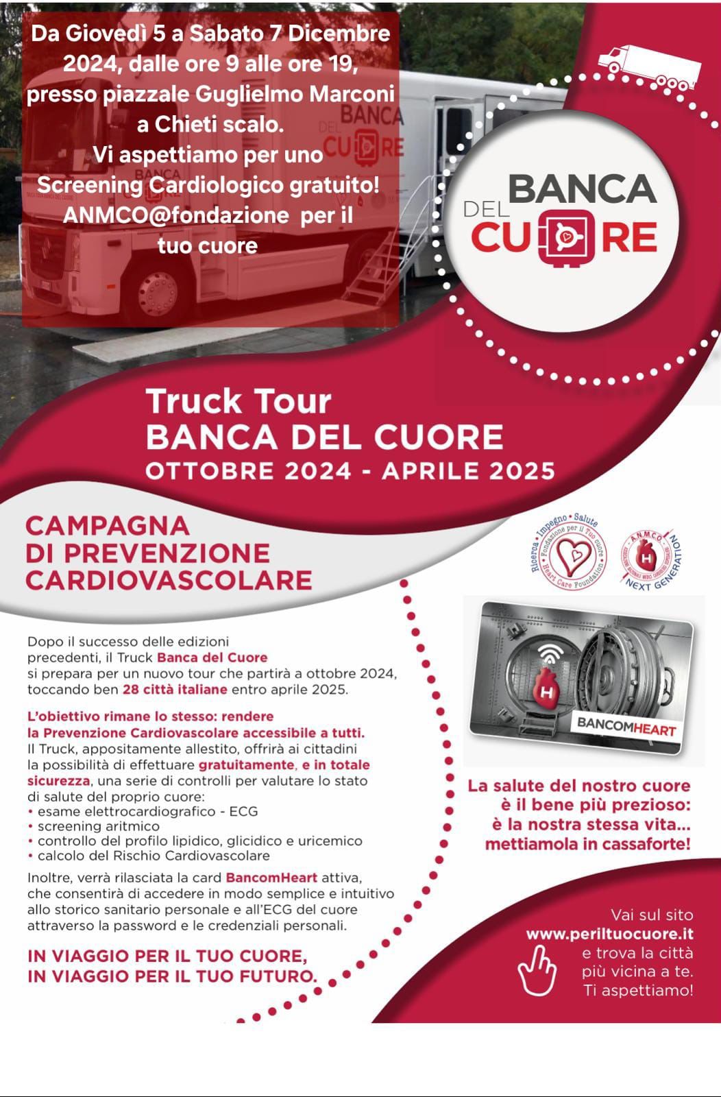 Screening cardiologico gratuito, il truck tour “Banca del Cuore” a Chieti Scalo dal 5 al 7 dicembre 2024