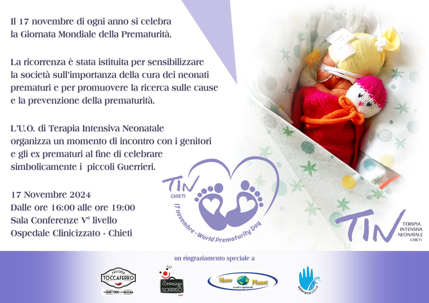L’ospedale di Chieti celebra la giornata dei neonati prematuri: un incontro per le famiglie domenica 17 novembre 2024