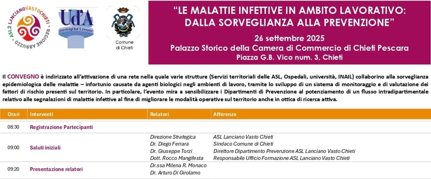 Salute e sicurezza sul lavoro: a Chieti un convegno per creare una rete di sorveglianza sulle malattie infettive