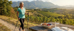 Una donna in età compresa tra 55 e 65 anni cammina sorridente lungo un sentiero naturale praticando Nordic walking con l'ausilio di appositi bastoncini. In primo piano, su un tavolo in legno rustico, sono disposti elementi che richiamano i pilastri della prevenzione: una ciotola di noci e frutti di bosco, un bicchiere d'acqua naturale e un libro aperto con un paio di occhiali da vista appoggiati sopra. Lo sfondo è caratterizzato da un paesaggio collinare luminoso con vigneti e vette montuose all'orizzonte, evocativo del territorio abruzzese