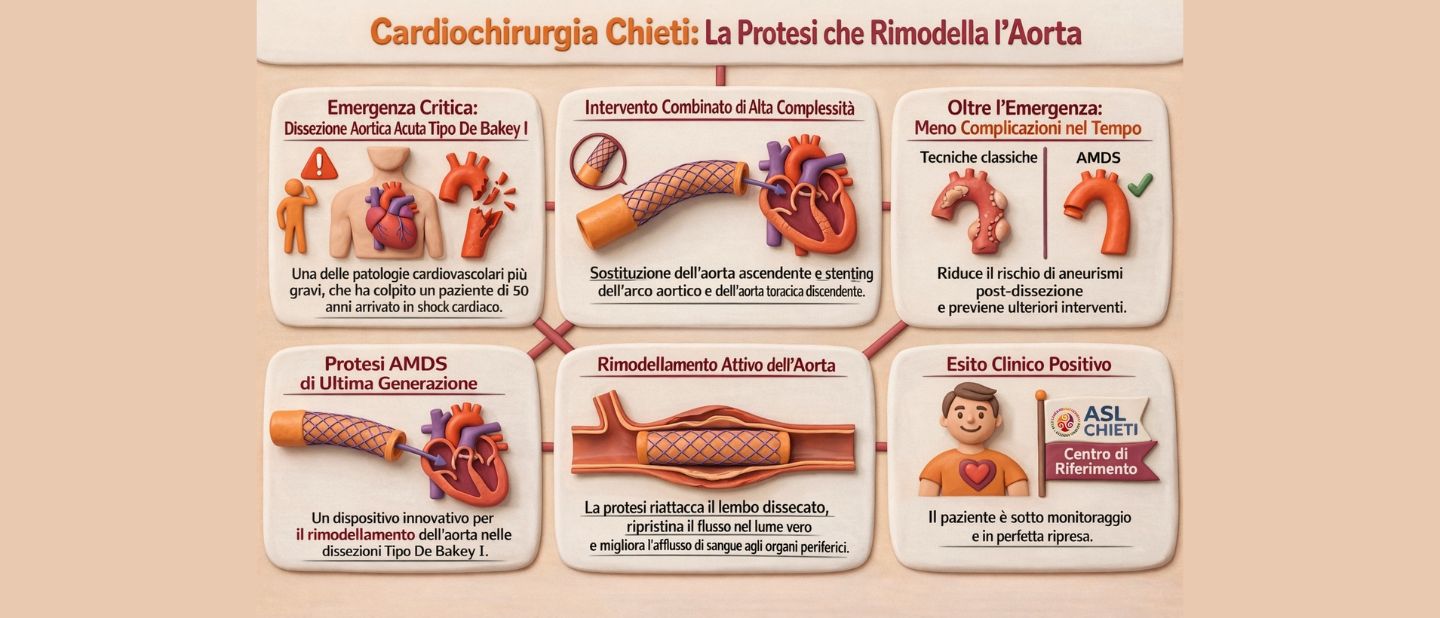 Chieti, salvato 50enne in shock cardiaco: intervento d’avanguardia con protesi che rimodella l’aorta