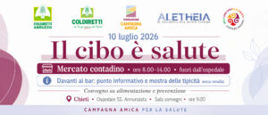 Manifesto dell'evento 'Il cibo è salute' con loghi di Coldiretti, Alethia e Campagna Amica.