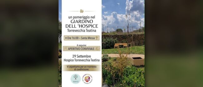 Locandina del 29 settembre al centro, su sfondo sfocato del giardino dell’hospice di Torrevecchia Teatina.