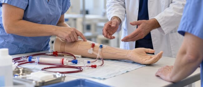 Un'infermiera e un medico indicano il braccio di un manichino didattico con le linee per la dialisi durante un momento di formazione