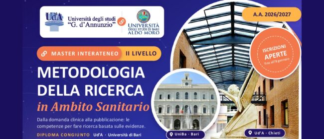 Testata della locandina del master in Metodologia della ricerca in ambito sanitario, con il campus di Chieti e il palazzo dell'Università di Bari