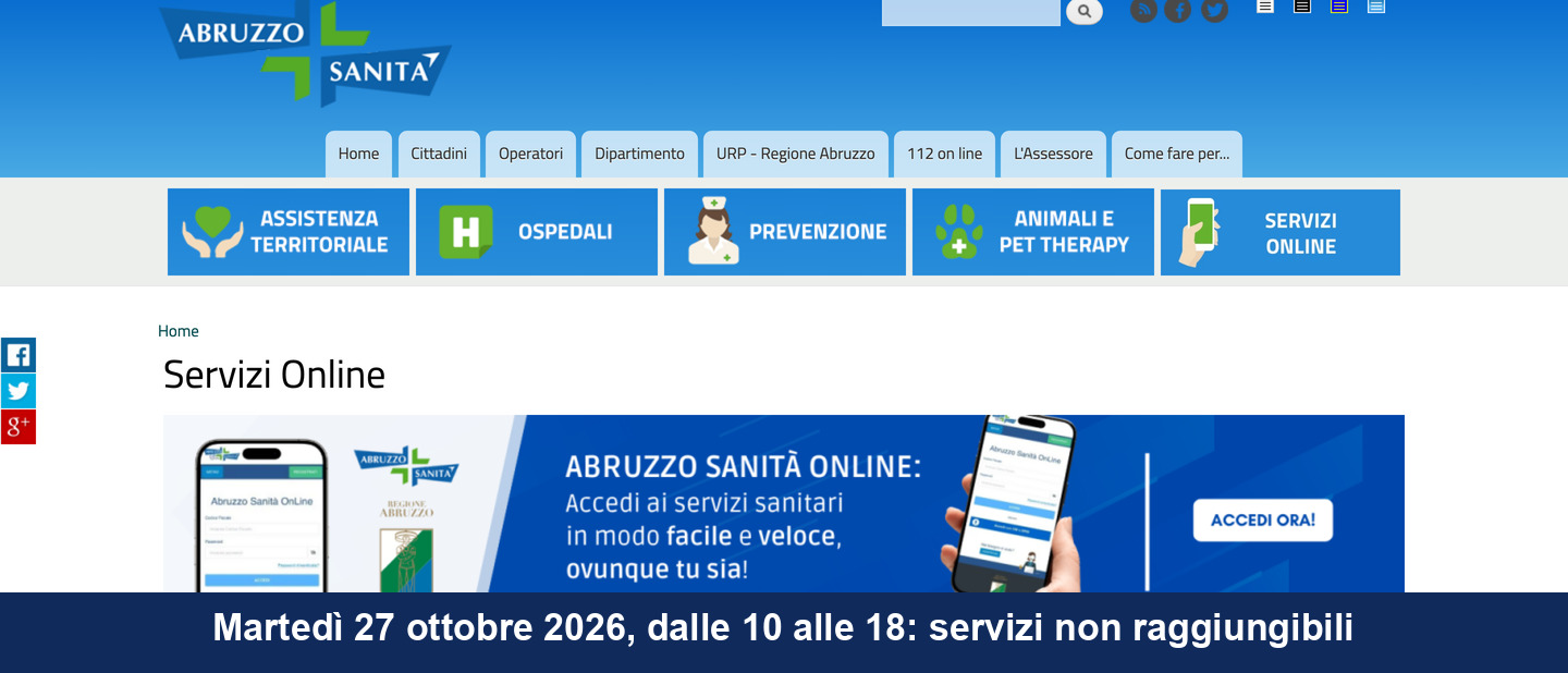 Servizi sanitari online regionali non raggiungibili martedì 27 ottobre 2026 dalle 10 alle 18