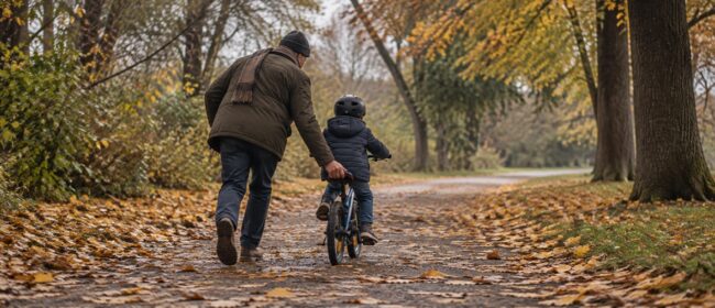 Un nonno di spalle sostiene la bici di un bambino con casco lungo un viale alberato coperto di foglie gialle.